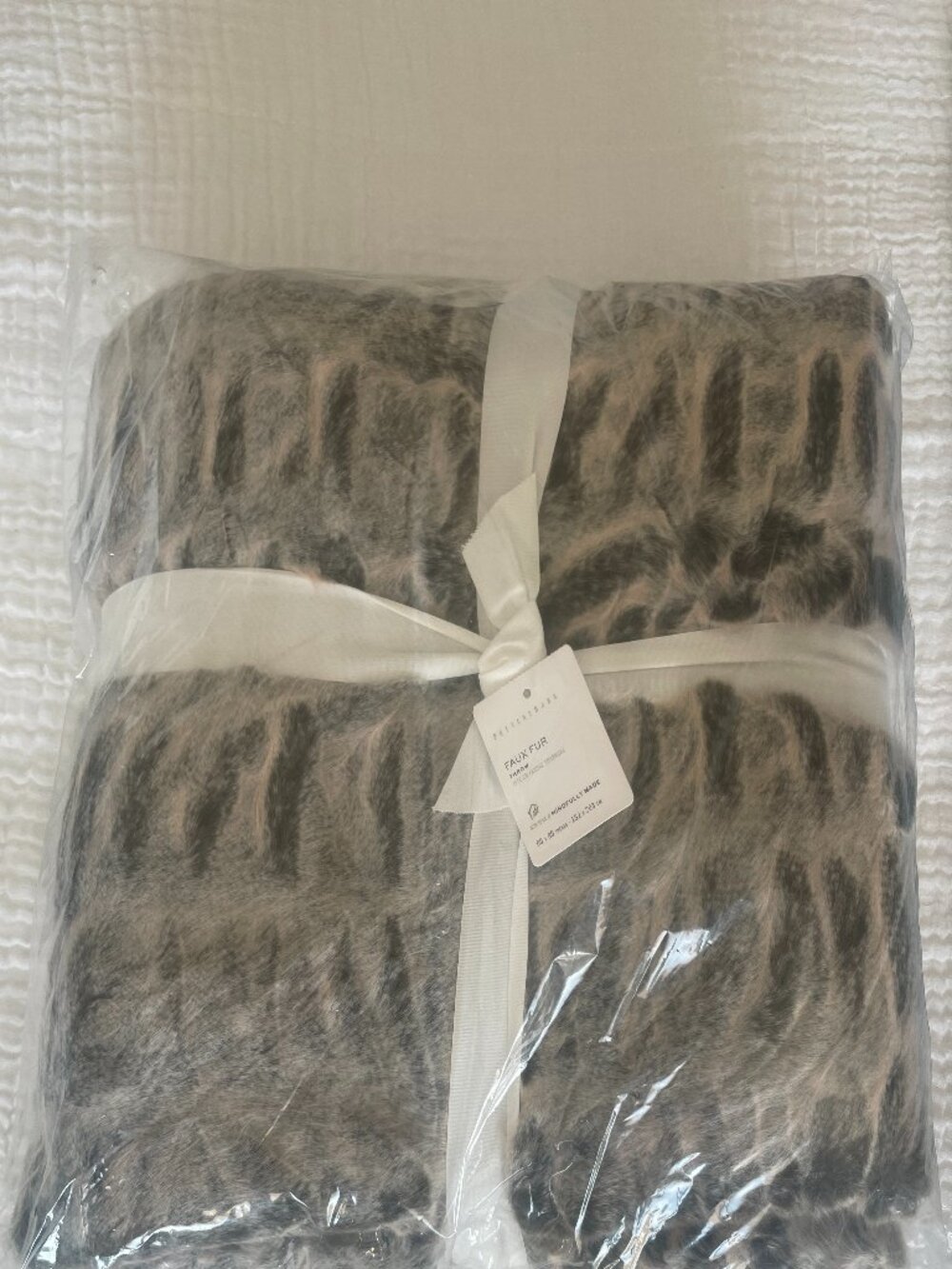 POTTERY BARN FAUX FUR RUCHED THROW BLANKET 60" X 80" OMBRE GRAY BEIGE NIP